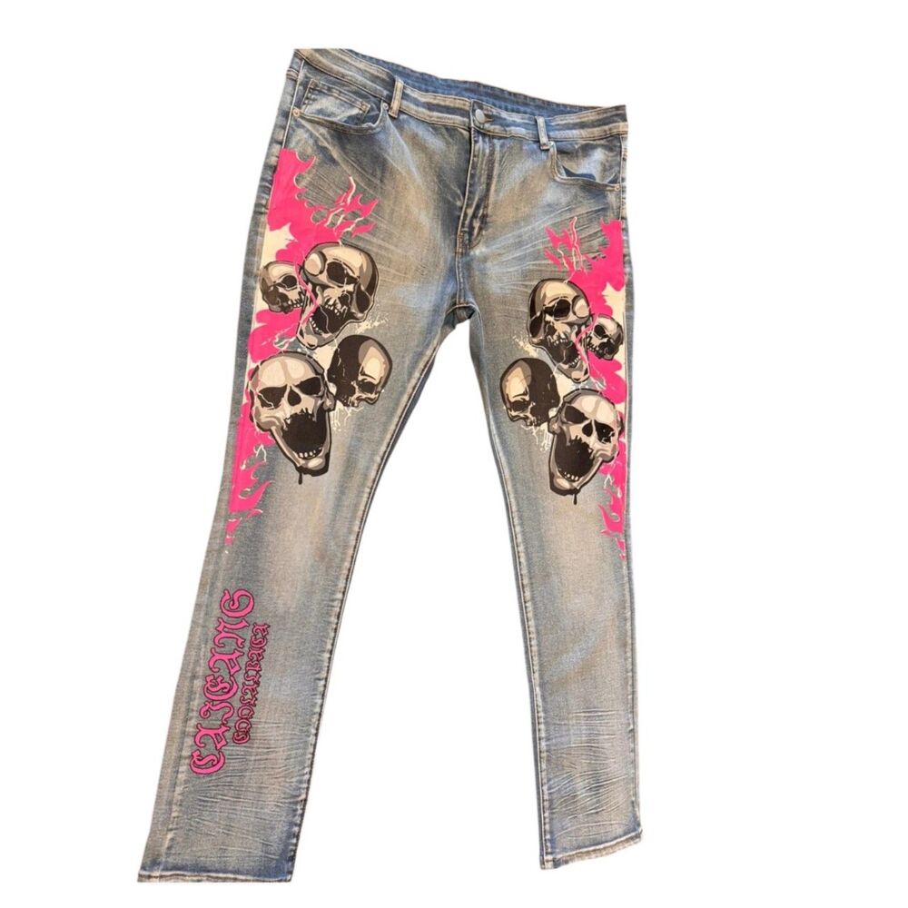Mens 40x32 Light Wash Skull Graphic Denim Jeans Never Worn Streetwear
